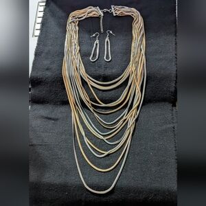 Gold and Silver Tone Snake Chain Layered Statement Necklace And Earrings Set